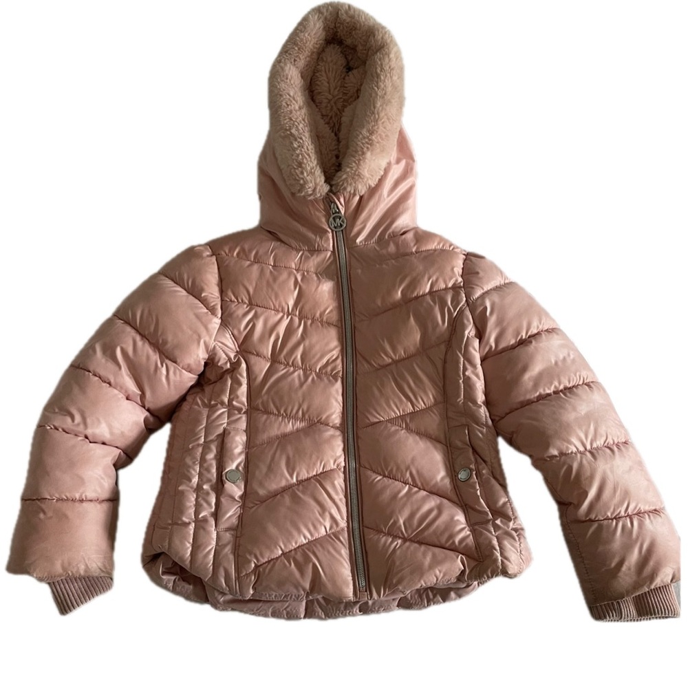 Michael Kors Girls Pink Quilted Faux Fur Hooded Jacket